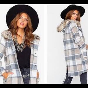 BB Dakota Plaid Hooded Coat with Faux Fur Trim